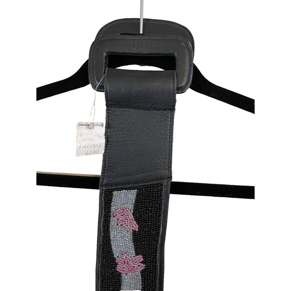 Vtg Beadz Women\'s Art Deco Black Faux Leather Belt with Pink Beaded Flamingos main image 7